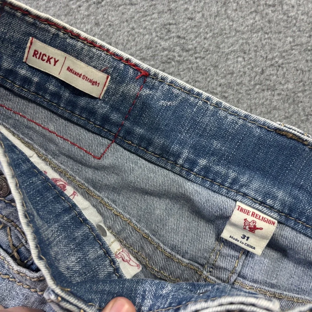True Religion Ricky Relaxed Straight Denim Shorts Men's 31 Blue Distressed Acid